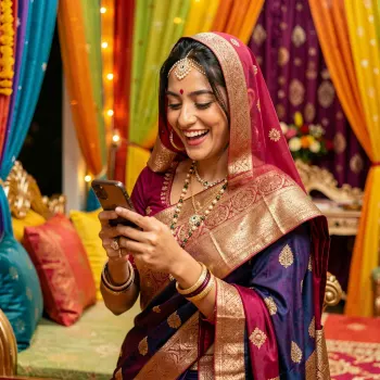 Woman using a smartphone beside colourful fabrics