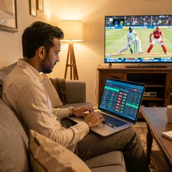 Man viewing a laptop while a cricket match plays on television