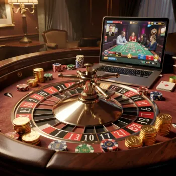 Roulette wheel and chips with a hosted casino table on a laptop