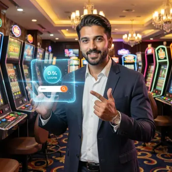 Man holding a phone beside an illustrated account login panel