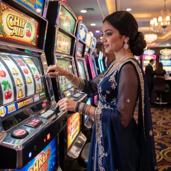 Woman standing beside a row of brightly lit slot machines